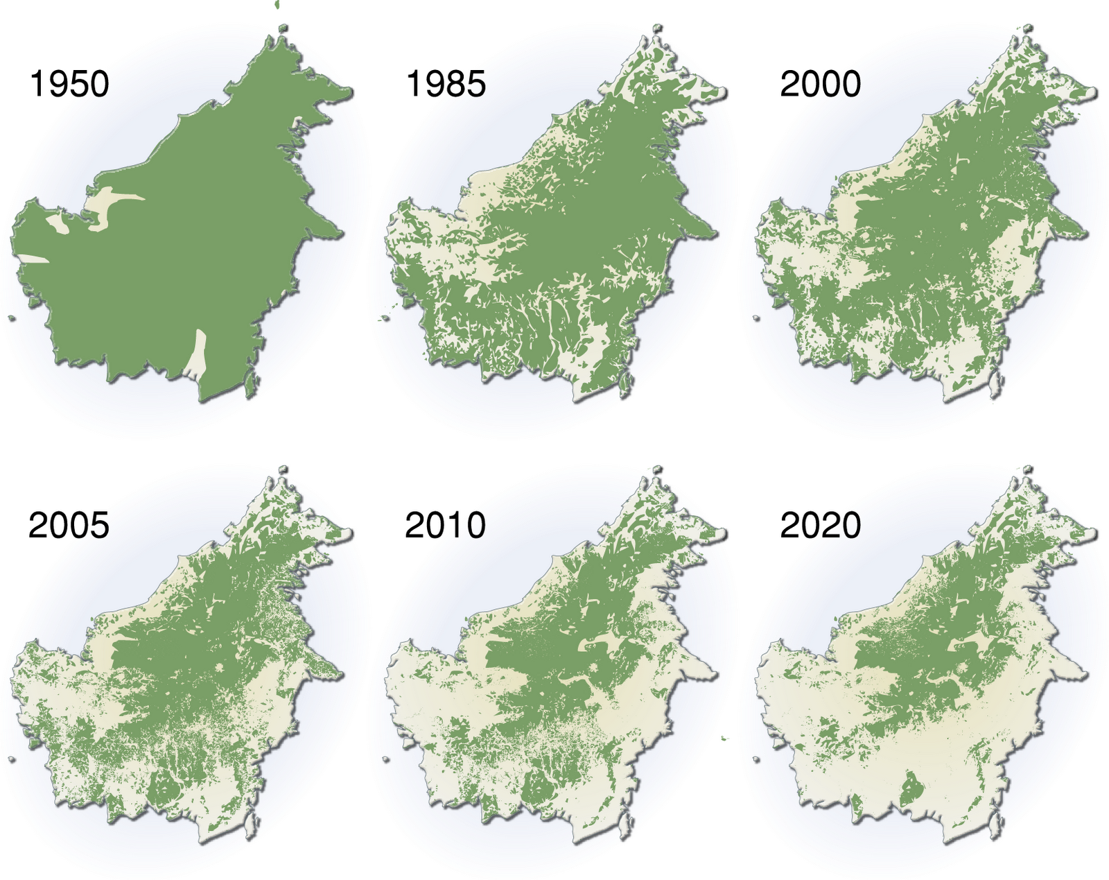 déforestation de Bornéo, une île partagée entre la malaysie au Nord et l'Indonésie au Sud (à savoir que lîle de Bornée est plus grande que la France)